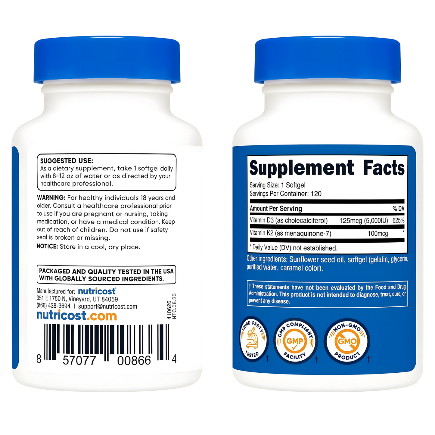 Vitamina D3 (5,000 UI)+Vitamina K2 (MK7) (100mcg) 120 Cápsulas Blandas - Sin Gluten y Sin OMG