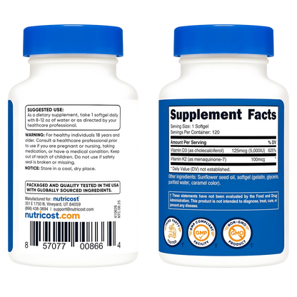 Vitamina D3 (5,000 UI)+Vitamina K2 (MK7) (100mcg) 120 Cápsulas Blandas - Sin Gluten y Sin OMG