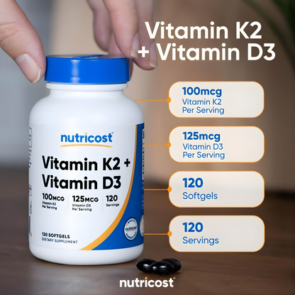 Vitamina D3 (5,000 UI)+Vitamina K2 (MK7) (100mcg) 120 Cápsulas Blandas - Sin Gluten y Sin OMG