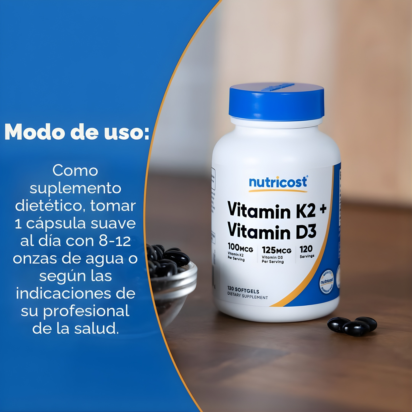 Vitamina D3 (5,000 UI)+Vitamina K2 (MK7) (100mcg) 120 Cápsulas Blandas - Sin Gluten y Sin OMG