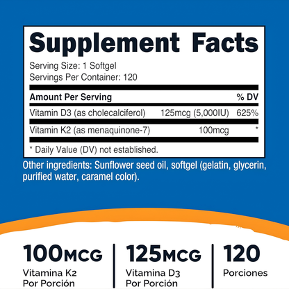 Vitamina D3 (5,000 UI)+Vitamina K2 (MK7) (100mcg) 120 Cápsulas Blandas - Sin Gluten y Sin OMG